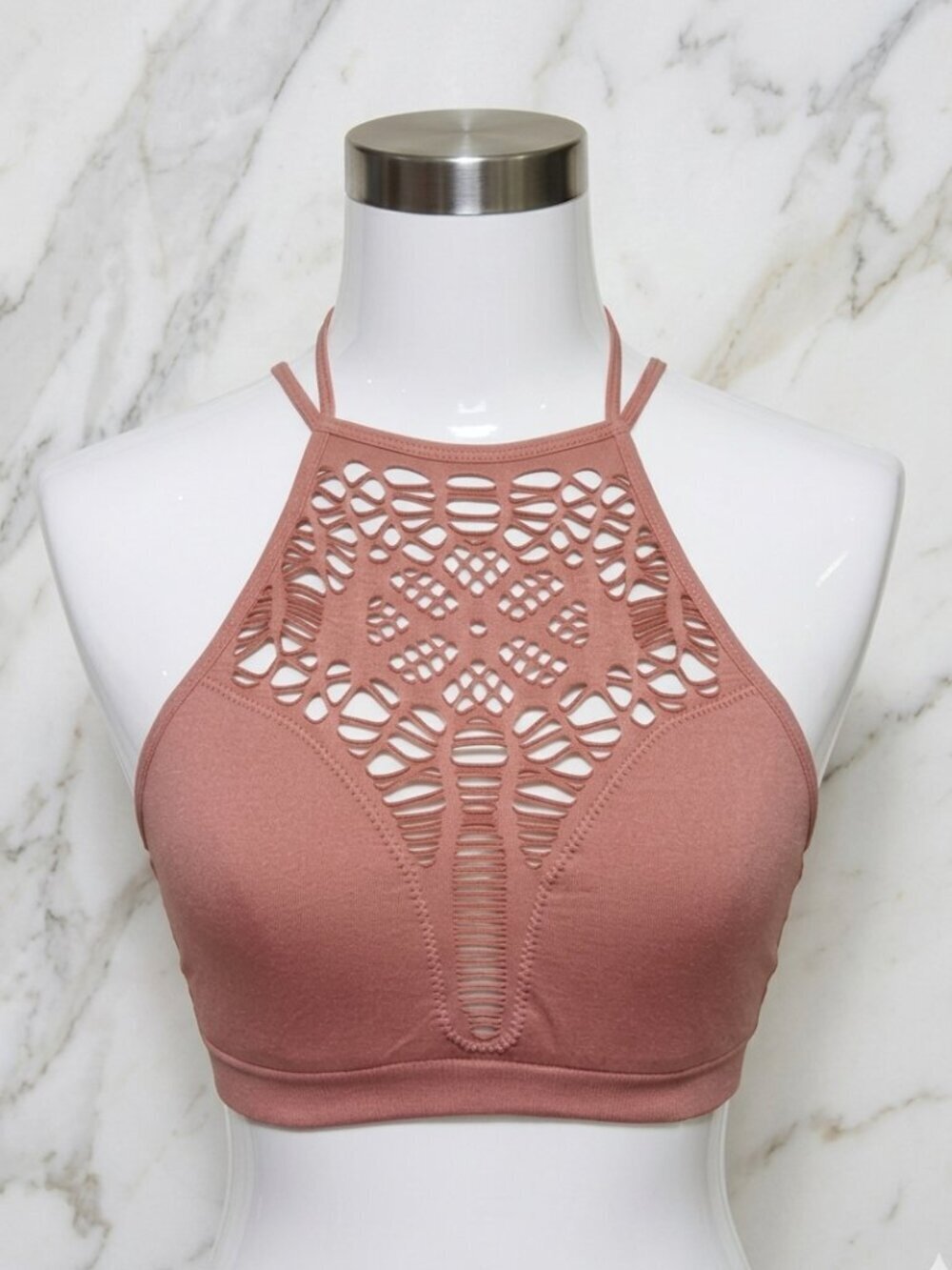 Leto Bralette High Neck Crochet Strappy Back Boho Dusty Pink Floral XS/S